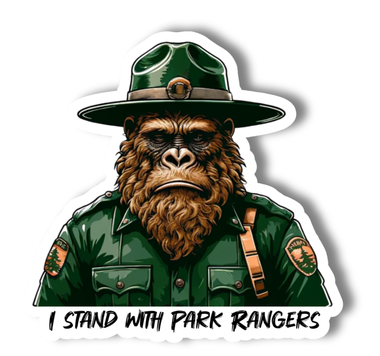 National Parks and Beyond - Wholesale Sticker - Sad Sasquatch, I Stand with Park Rangers, Vinyl 3" Sticker0