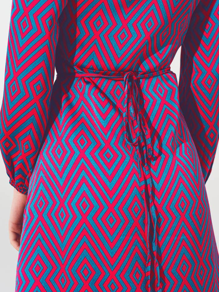 Fuchsia Mini V Neck Wrap Dress with Geometric Print for wholesale on Faire5