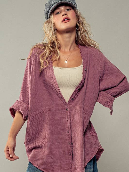 Urban Daizy - Wholesale Button Down Shirt - Women's - PREMIUM SOFT FRAYED HEM GAUZE VINTAGE WASHED SHIRT