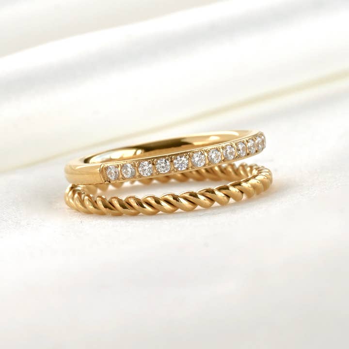 Anillo Doble de Oro de 18k - Anillo Apilado con Pavé de Diamantes y Anillo Torcido para venta al por mayor de Blueyejewelry