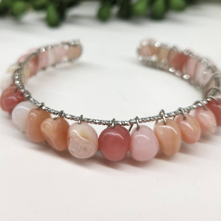 Meraki Gemstones - Wholesale Cuff Bracelet - Pink Opal Bangle/Cuff/Wire Wrapped-18kt. Gold Overlay7
