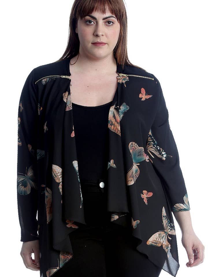 3242 Schmetterlingsdruck Reißverschluss-Cardigan Krepp Weicher Stil für den Großhandel von NOUVELLE