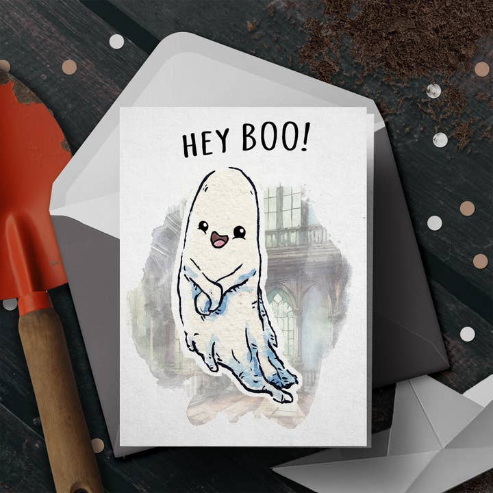 Aaron Millard Illustration - Venta al por mayor Tarjetas de amistad - «Hey Boo» - Tarjeta de Halloween con fantasmas espeluznantes, tarjeta para parejas de terror