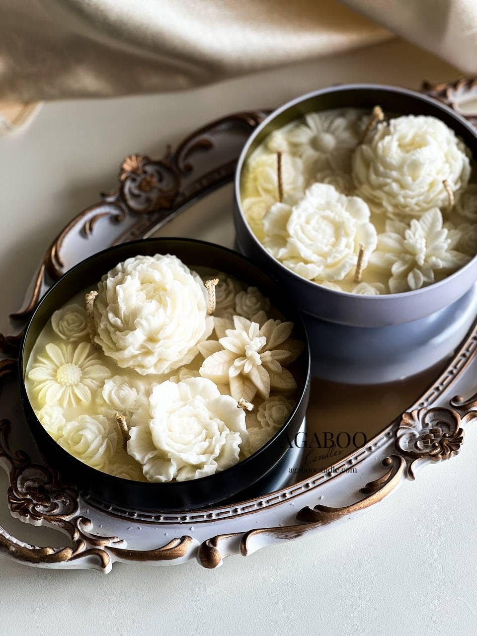 Agaboo Candle – Großhandel Kerze im Glas / gefüllte Kerze – Handgefertigte Flower Blossom Kerze 340 g (12 oz), 2x14 cm – Metallbehälter6