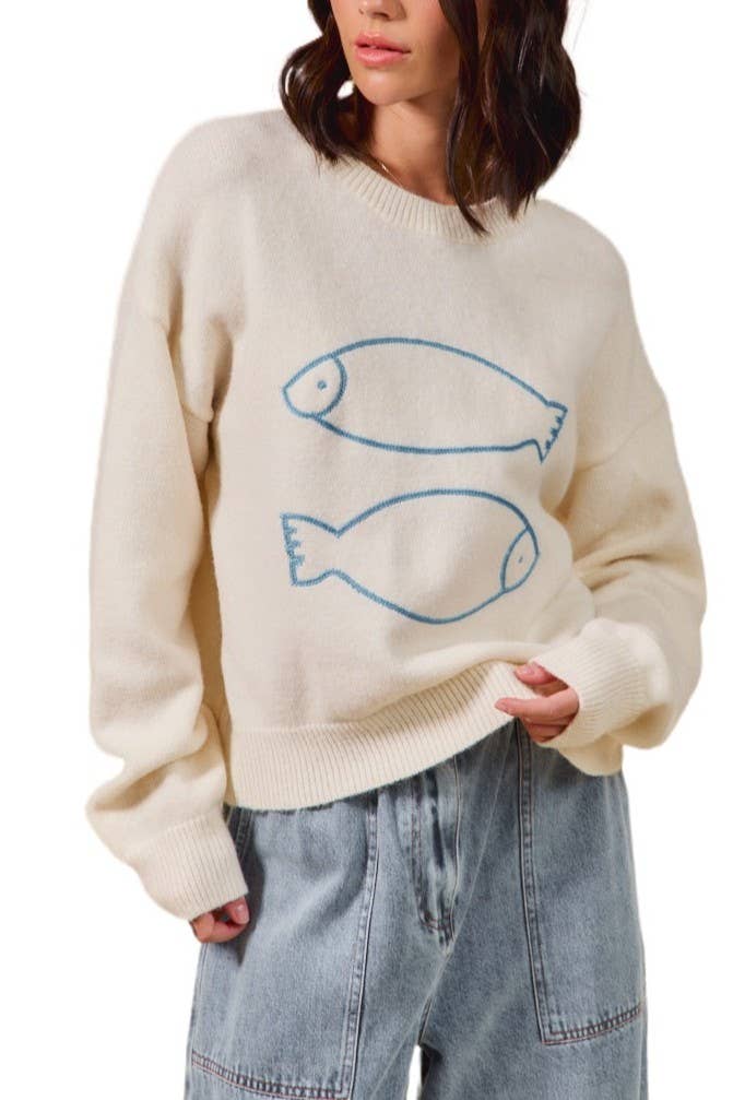IVORY Loose Fit Fish Embroidered Sweater Top for wholesale on Faire0