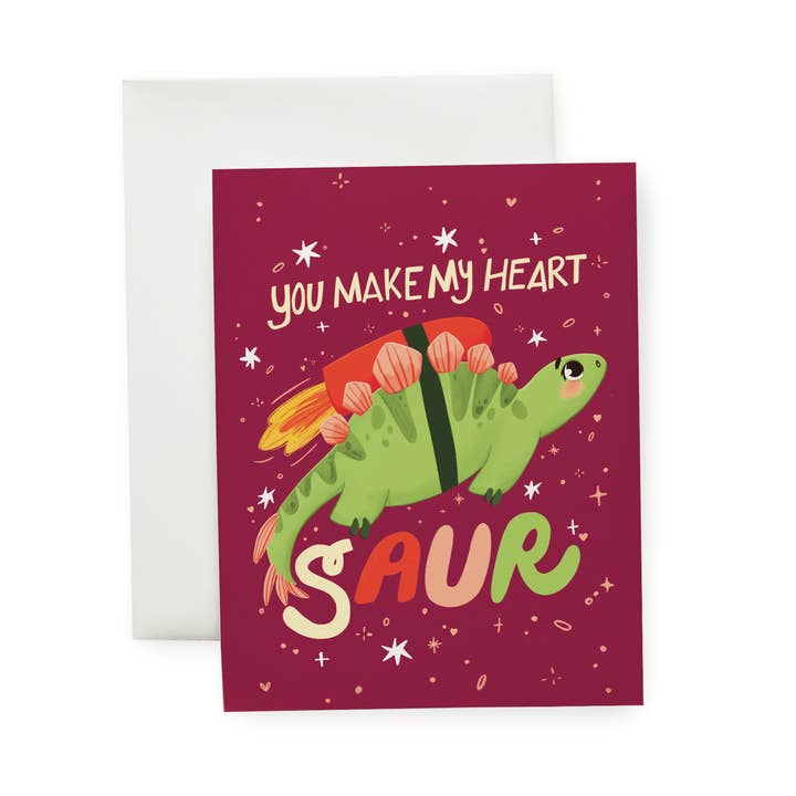 You Make My Heart Saur - Illustrated Dinosaur Love Card for wholesale by Wallflower Studio Co.