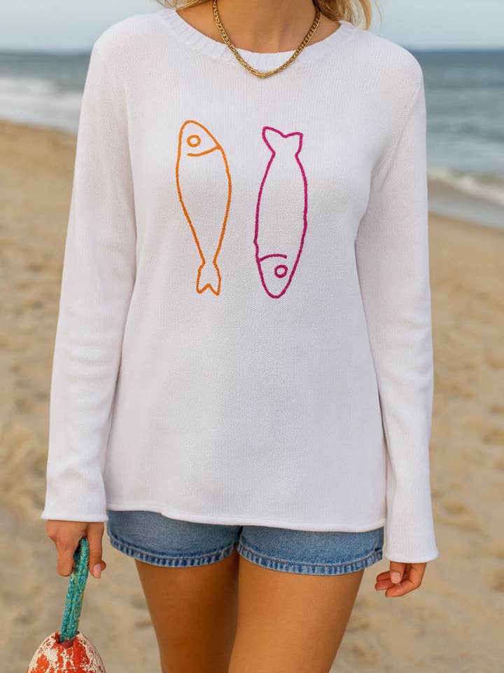 Twin Embroidered Sardines on Boxy Cotton Sweater White for wholesale by Pink Pineapple