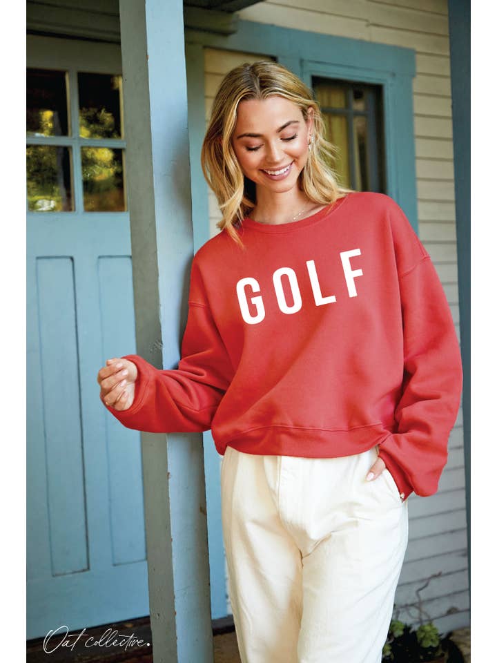 OAT COLLECTIVE - Wholesale Graphic Sweatshirt - Women's - GOLF Mid length Cropped Graphic Fleece Pullover Relaxed Fit.