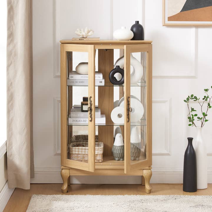 Orange County Decor - Wholesale Cabinet - 2 Doors Curio Cabinet With Tempered Glass Doors, Curio Cabinets With Mirrored Back Panel And Adjustable Shelves, Lighted Display Cabinet For Home, Office Light Bulb Included Oak Oak Mdf Glass3