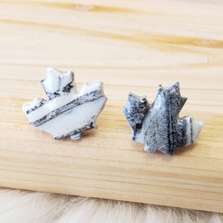 Maple Leaf Stud Earrings Black Canada Day White & Gold for wholesale by Dream Willow Studio