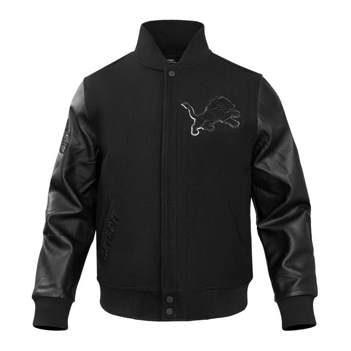 NFL DETROIT LIONS TRIPLE BLACK MEN'S MEN'S WOOL VARSITY JACKET FDL6410284-3BK for wholesale by BB Branded