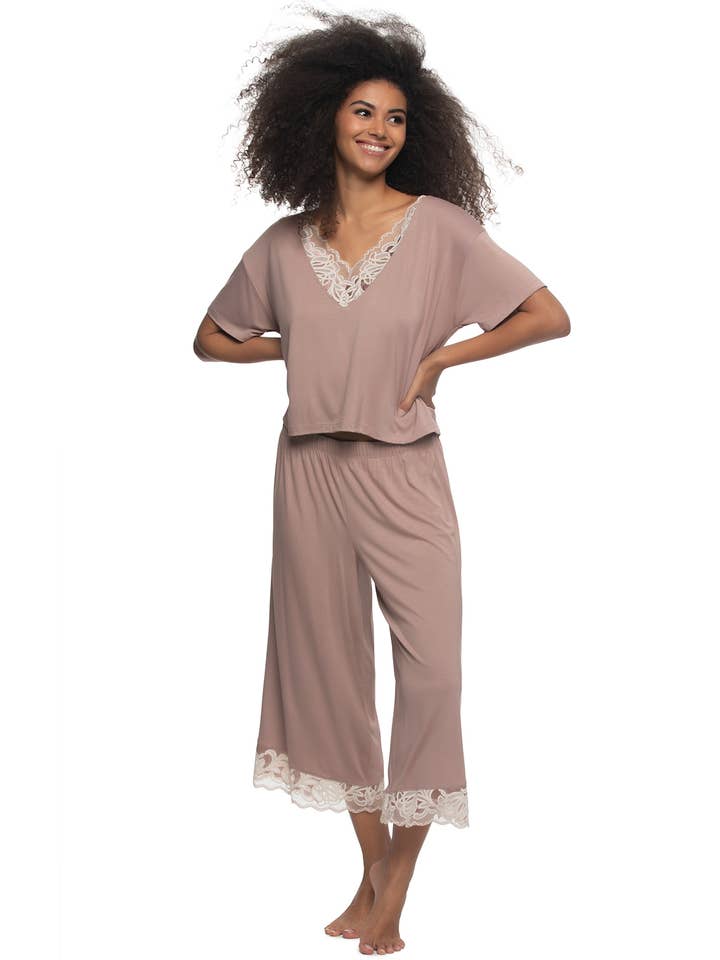 Amelie Vintage Lace Cropped Tee and Pants - Dried Petal for wholesale by Felina