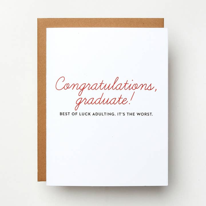 Congratulations Graduate! Best of Luck Adulting Card for wholesale by Red Headed Stepchild Paper Co.