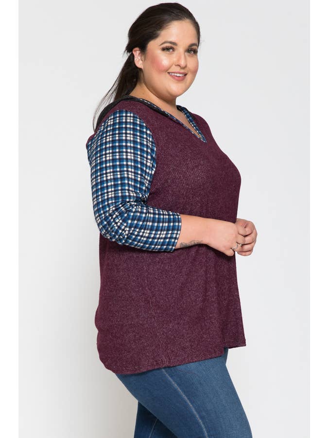 Story Teller - Wholesale Hoodie - Women's - Plus Size V-Neck Color Block & Plaid Pattern Hoodie Top
