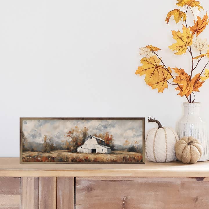 Kendrick Home - Wholesale Wood Wall Art - White Barn In The Fall1