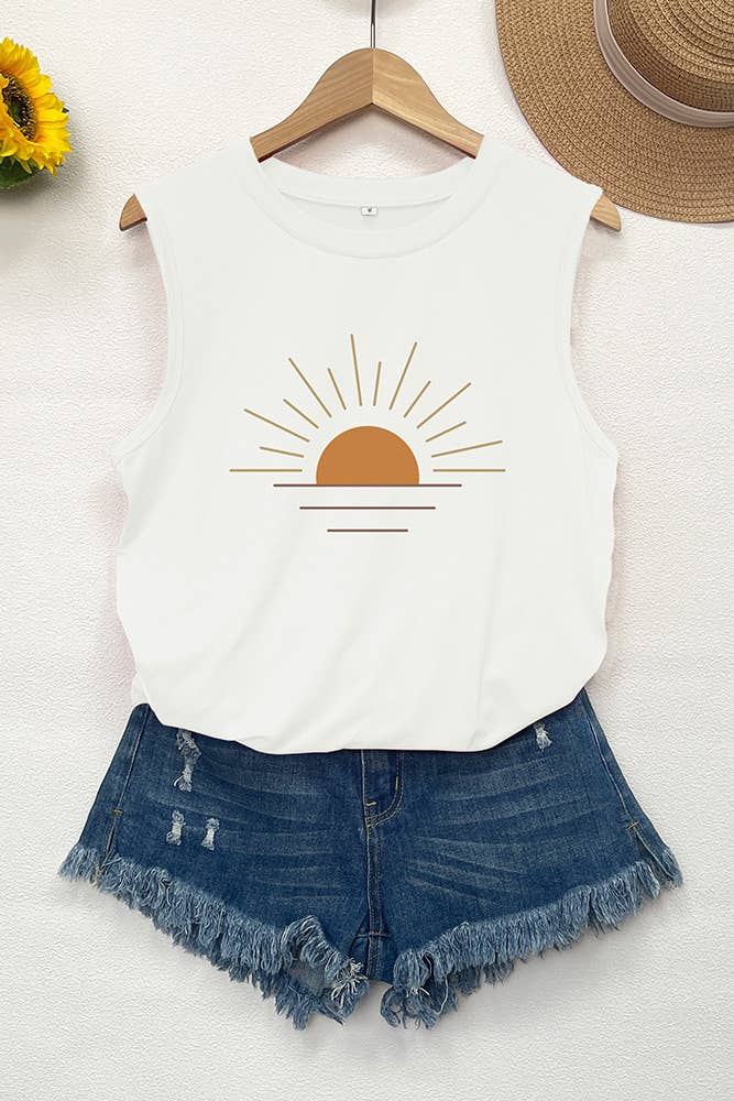 UNISHE – wholesale Tank top – Women′s – Sunshine Print Graphic Round Neck Tank Top STC125D533