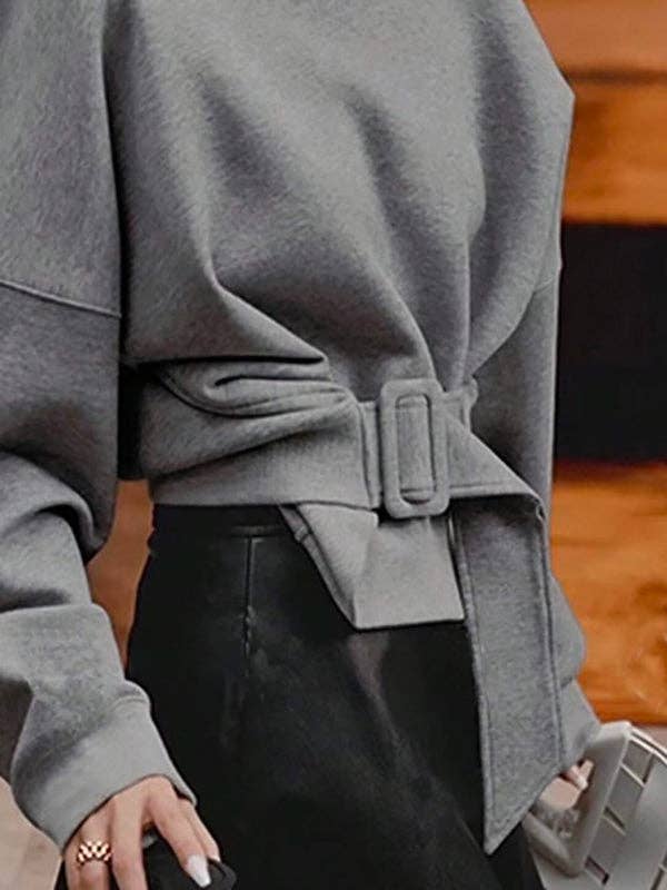 UZ Wholesale Store – wholesale Sweatshirt – Women's – Long Sleeves Loose Belt Buckle Solid Color Round-Neck Sweatshirt Tops