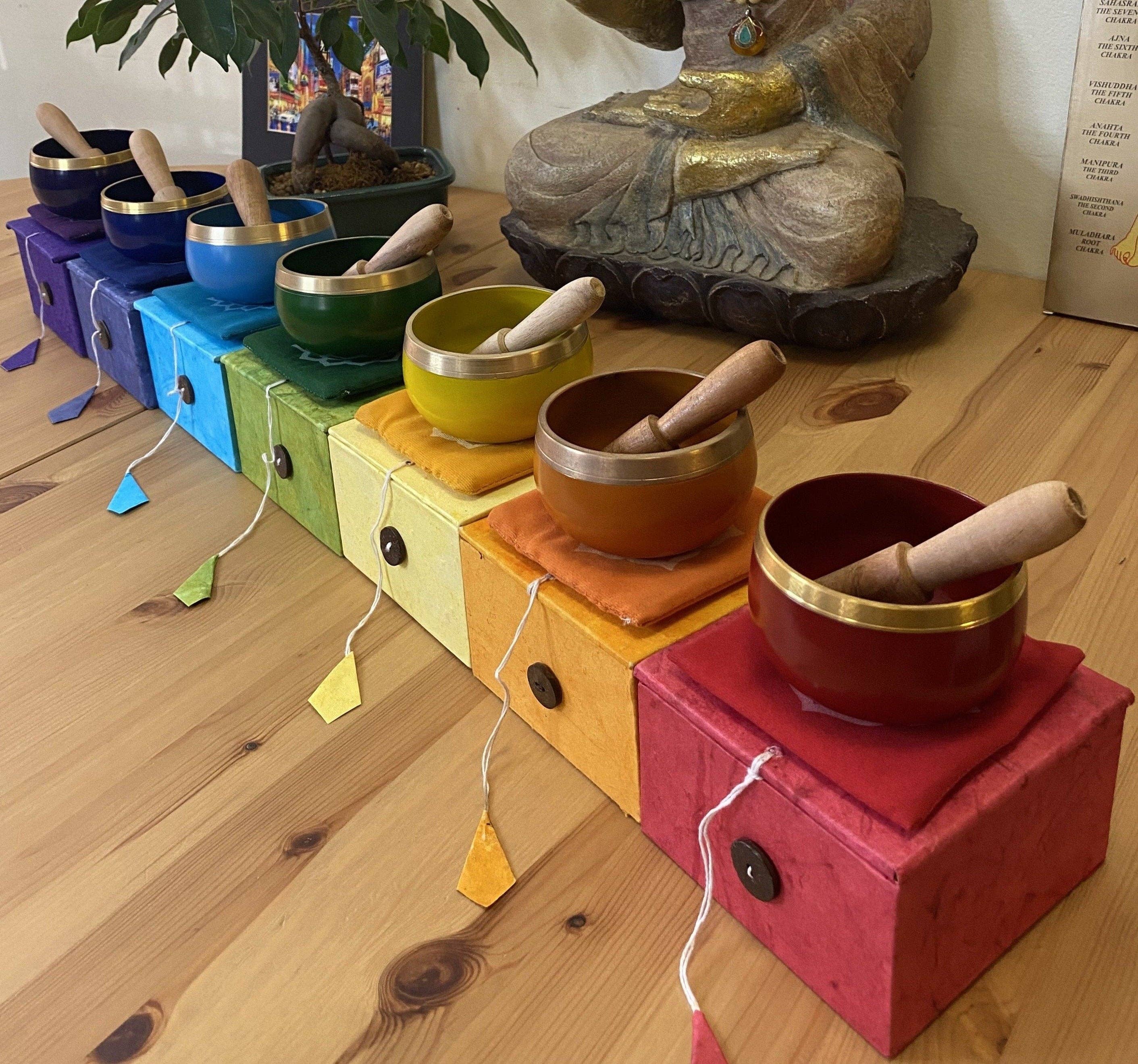 Tibet Handicrafts LLC – wholesale Meditation supplies – Chakra Singing Bowls Set or Single Chakra bowl. Tibetan Singing bowls, Healing Sound Bowls, Meditation Bowls, in 3.5" size.5