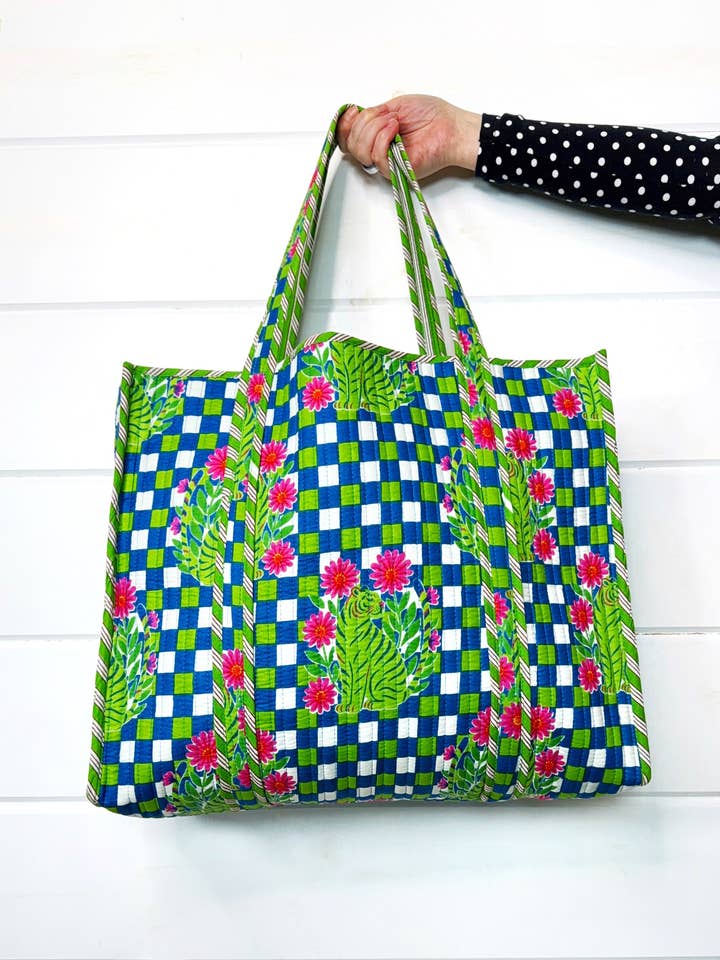 Tote Bags Quilted | Large Travel Tote | Blue Checkered Tiger for wholesale by Folklore Couture
