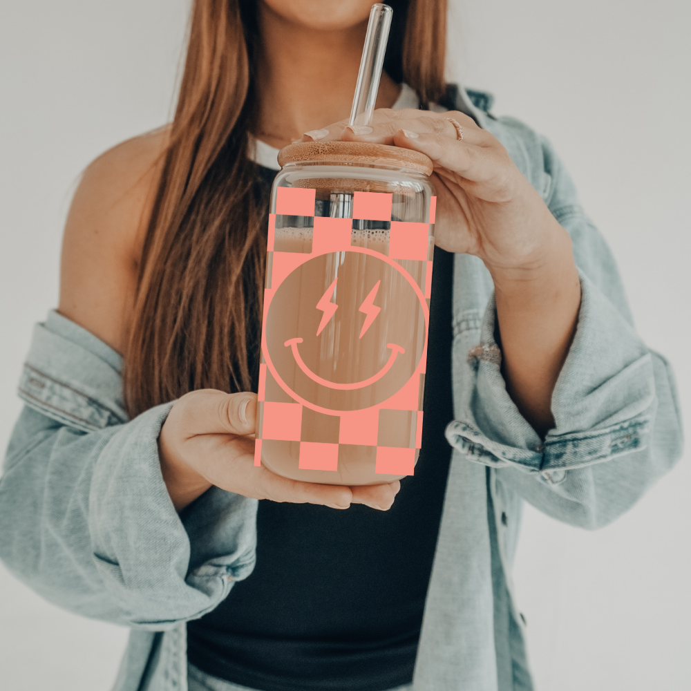 SKS Design Studio - Wholesale Drinking Glass/Cup - Checkered Smiley | UVDTF | 20 oz Libbey Can Glass with Bamboo Lid & Straw4