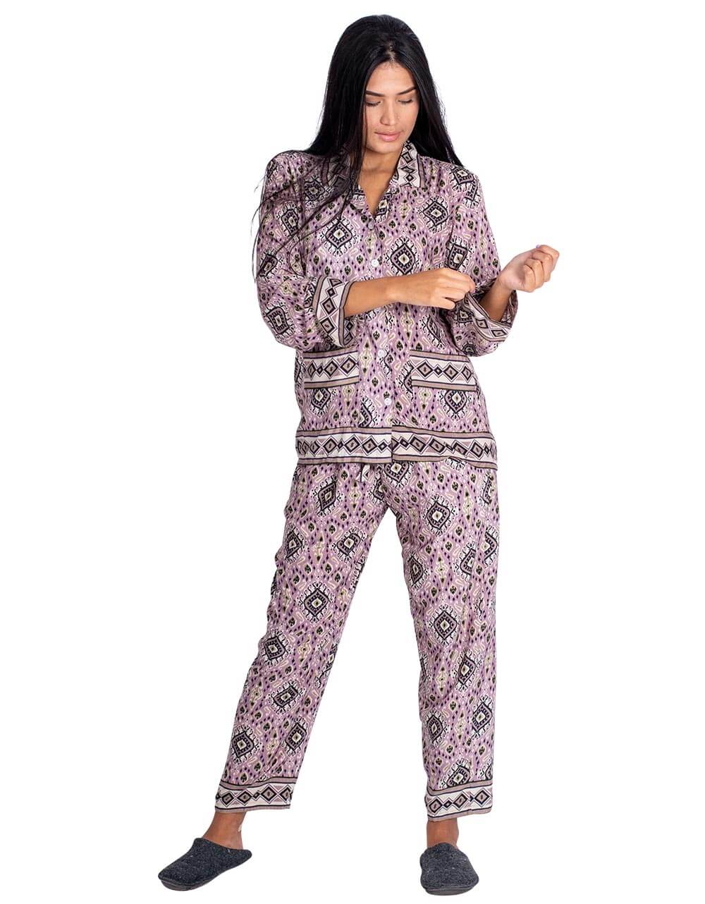 Kimago Look – Conjunto de pijama - Mulher por atacado – Pijamas femininos de seda em duas peças com estampa lilás0