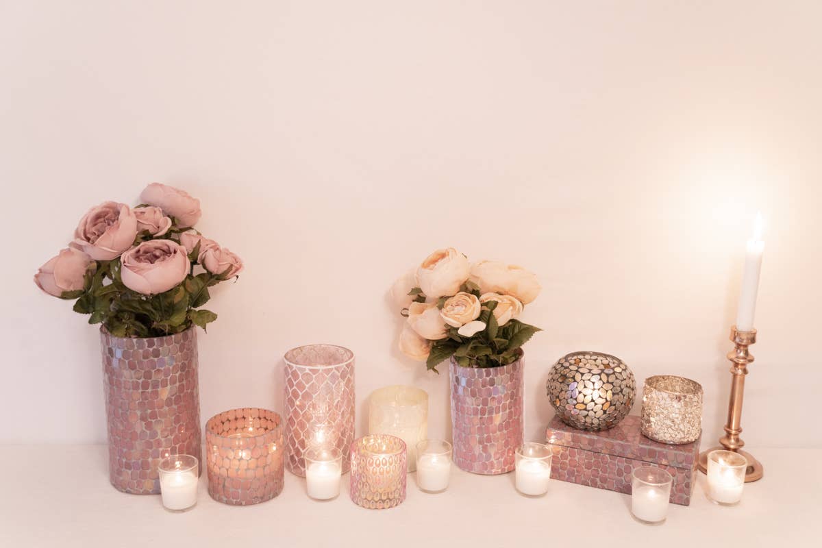 Anaya Home - Wholesale Votive Candle - Technicolor Mosaic Glass Votive + Vase4