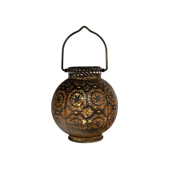 LumaBase - Wholesale Lantern - Battery Operated Bronze Metal Lantern with Cut Out Design