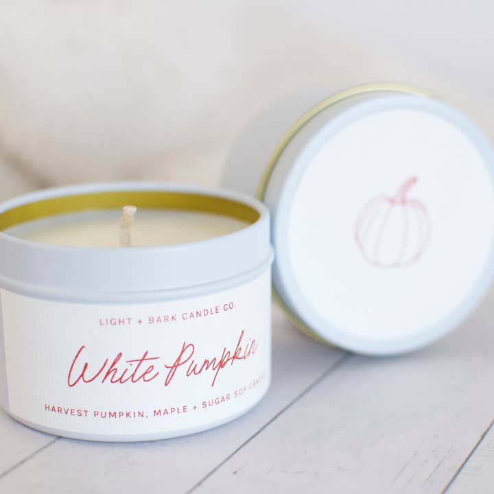 White Pumpkin | Harvest Pumpkin, Maple + Sugar Tin Candle for wholesale by Light + Bark Candle Co.