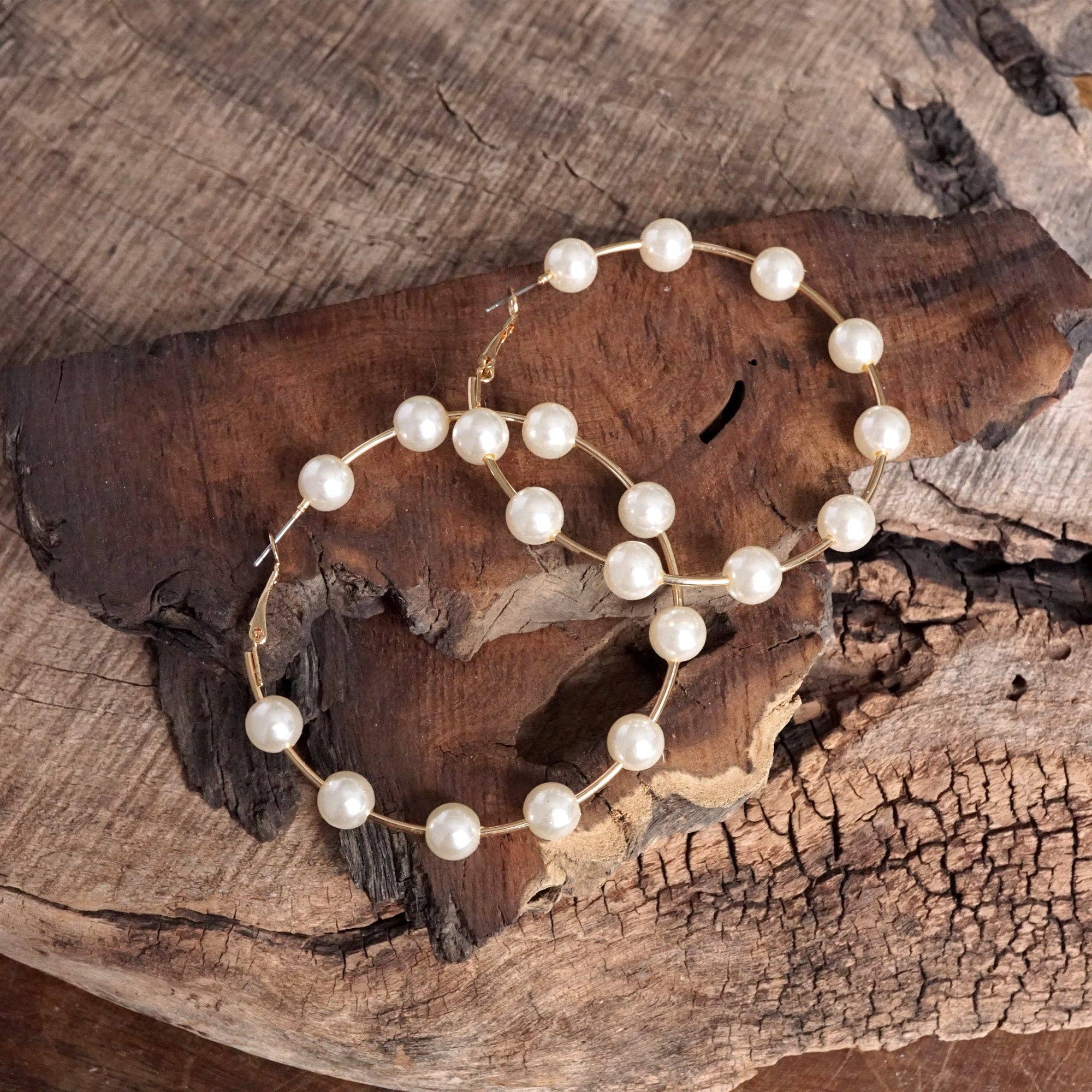 PennyLine inc - Wholesale Hoop Earrings - Large Golden Hoop Earrings with Pearls – 2.5" Drop3