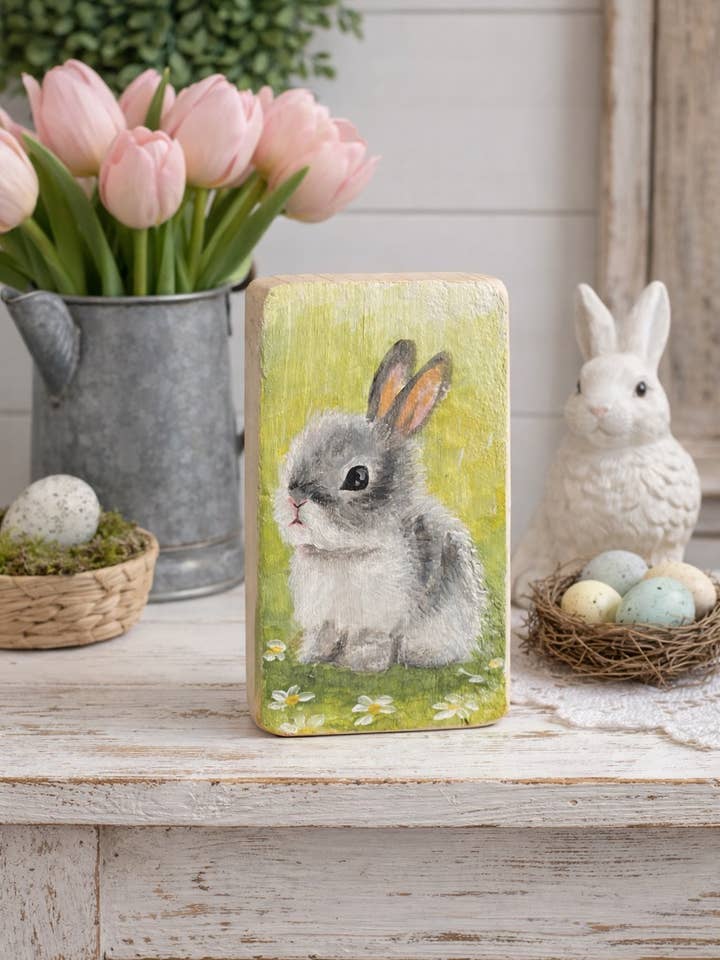 Rustic Hand-Painted Baby Bunny Wooden Block- Spring 2026 for wholesale by Kelly Jean Paintings