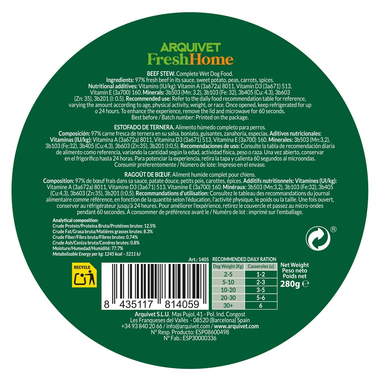 ARQUIVET, S.L.U. – comida - Cão por atacado – Arquivet Fresh Home Ensopado de Carne 280g3