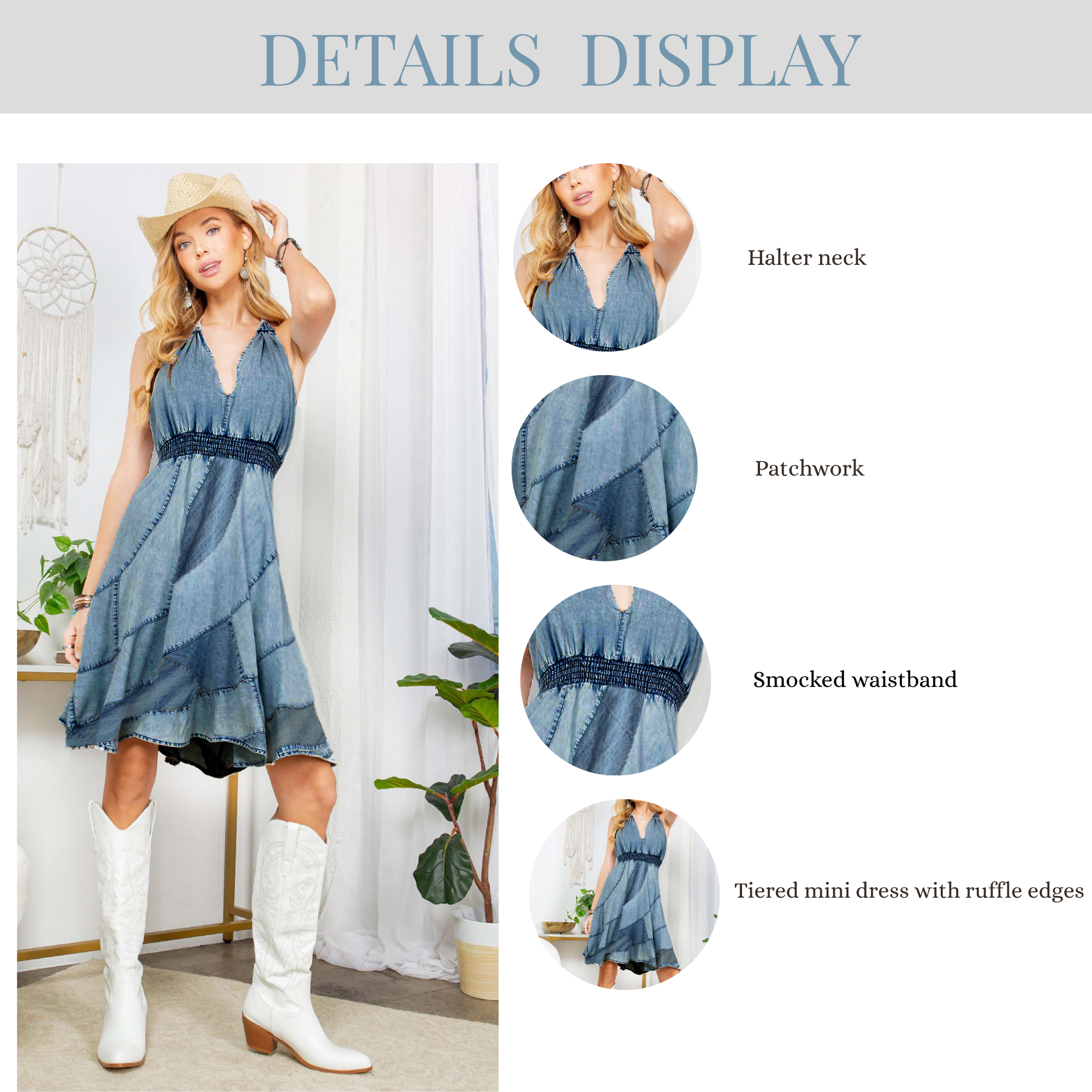 Young Threads - Wholesale Jurk - Dames - BabyDoll westernjurk met halterhals en asymmetrische opgenaaide onderkant8