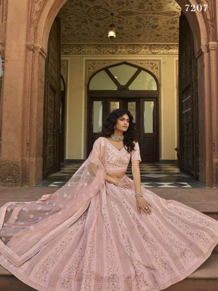 HATKE BRIDE – wholesale Top & skirt set – Women's – Baby Pink Satin Lehenga Choli for Marriage - Sequence & Thread Embroidery Work, Zari Work1