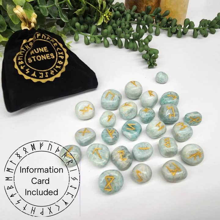 Amazonite Rune Sets with Velvet Pouch and Grid for wholesale by Meraki Gemstones