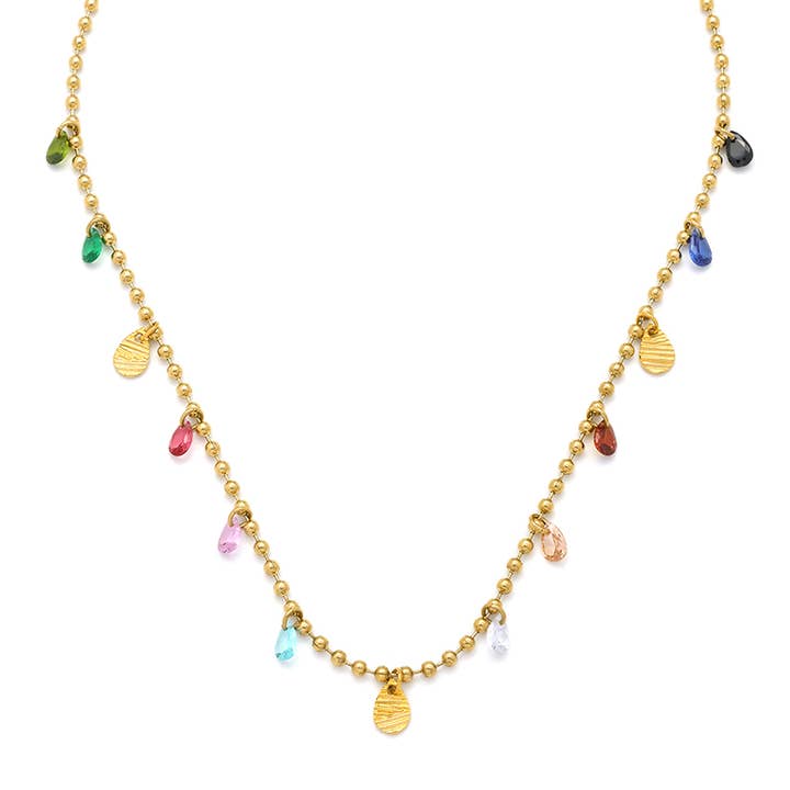 White Leaf - Wholesale Beaded/Pearl Necklace - Glass Bead Necklace in Rainbow & Gold