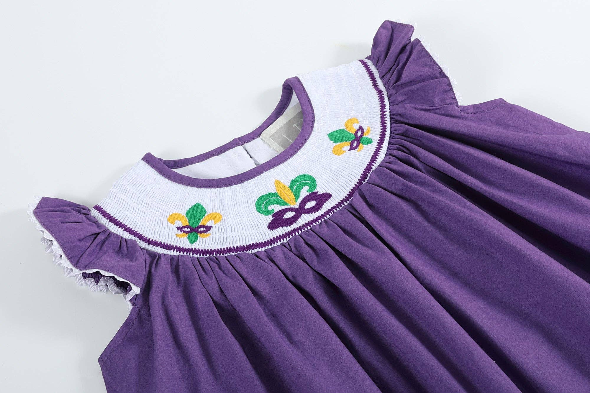 Lil Cactus - Wholesale Dress - Kids - Purple and Gingham Mardi Gras Smocked Bishop Dress6