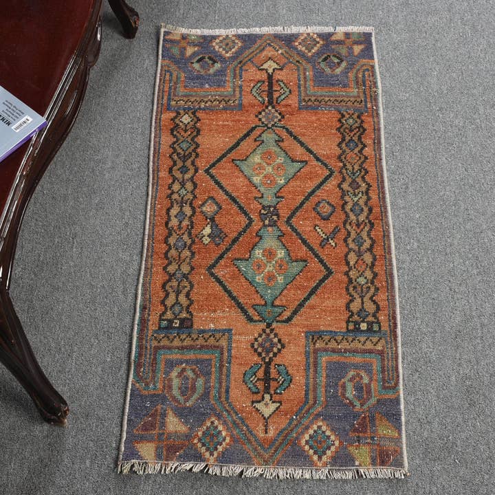 Tapete Feito à Mão Laranja e Verde, Tapete de Área 1,4x2,9 Pés por atacado de Vintage Rugs Loom