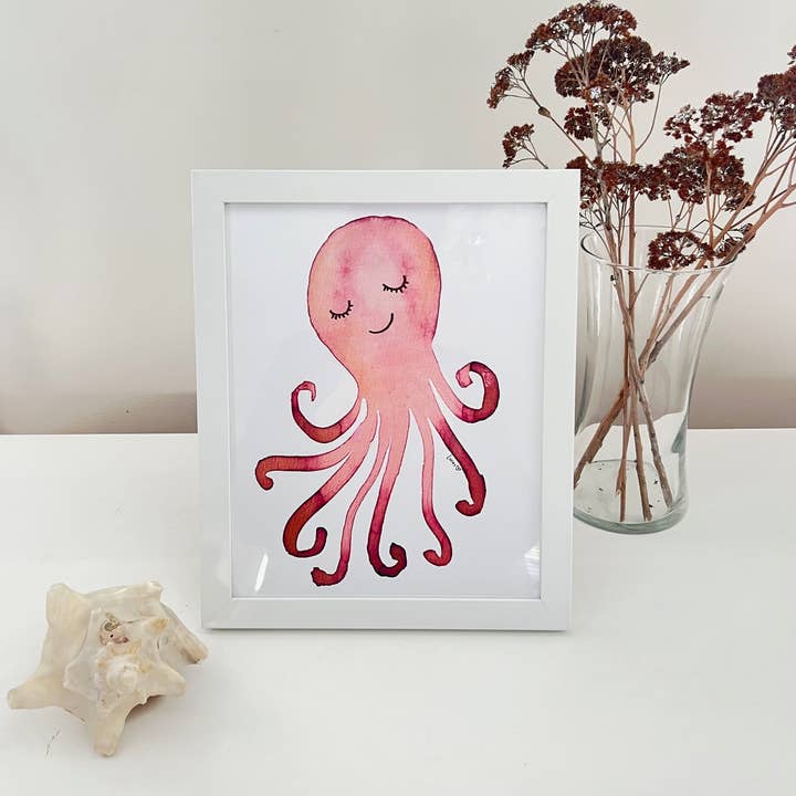 Sook & Hook - Wholesale Art Print - Whimsical Octopus Watercolor Art Print | Framed 8"x10" Wall Art