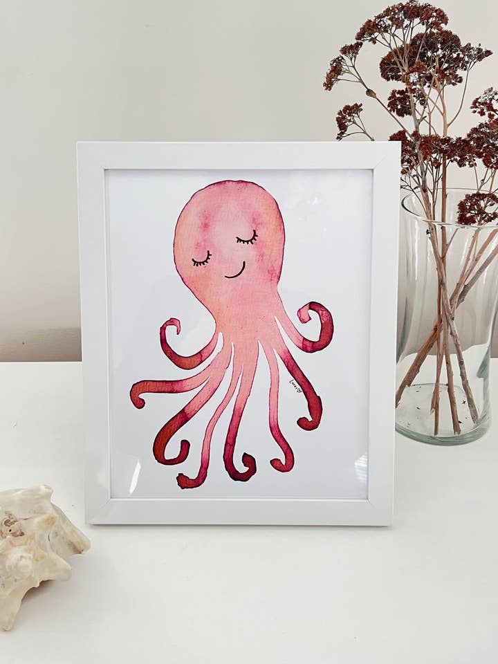 Impression d'art aquarelle de pieuvre fantaisiste | Art mural encadré 8"x10" pour la vente par Sook & Hook
