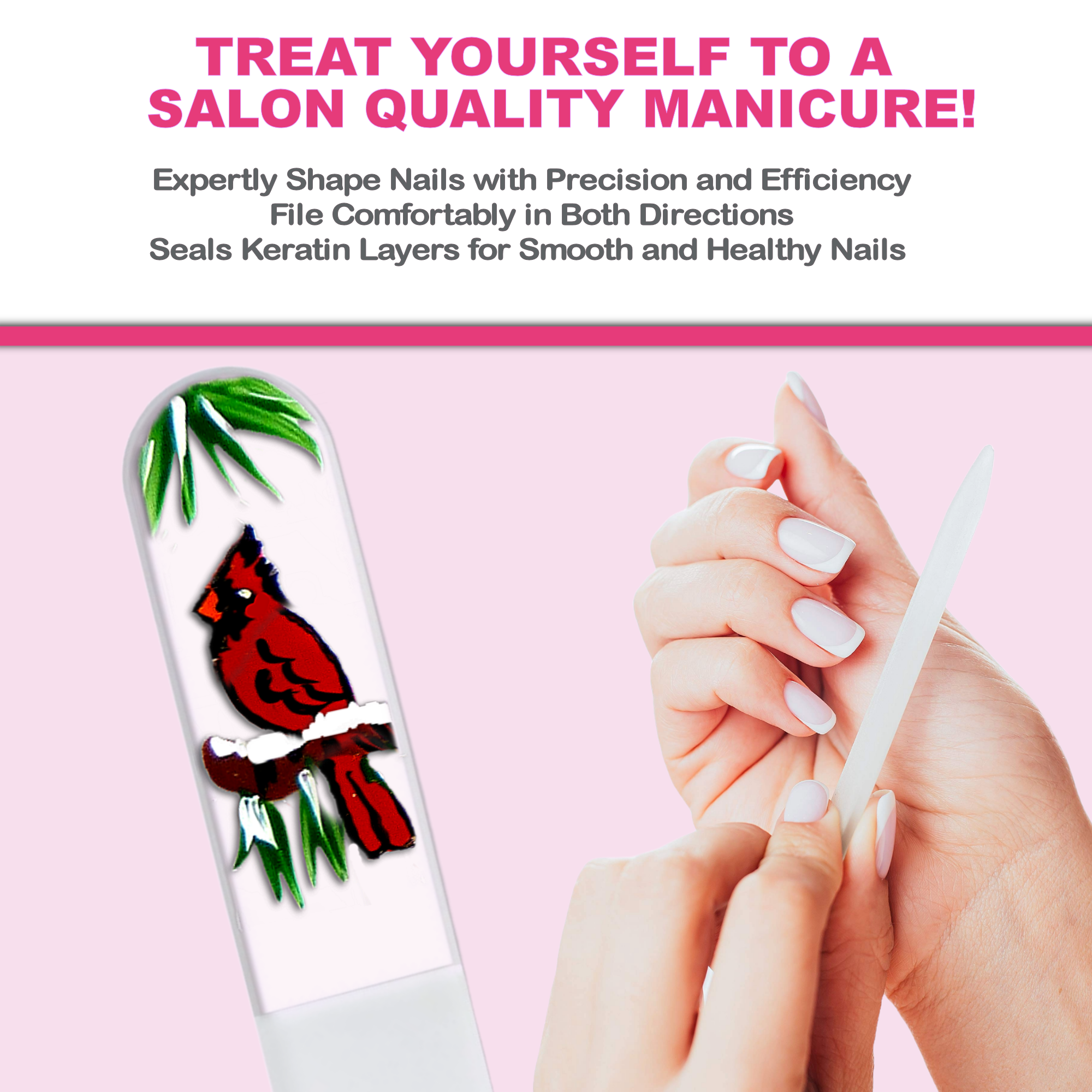 Classy Nail Files – Lima de unhas por atacado – Lima de Unhas de Cristal Checa Pintada à Mão com Pássaro Cardinal e Neve4