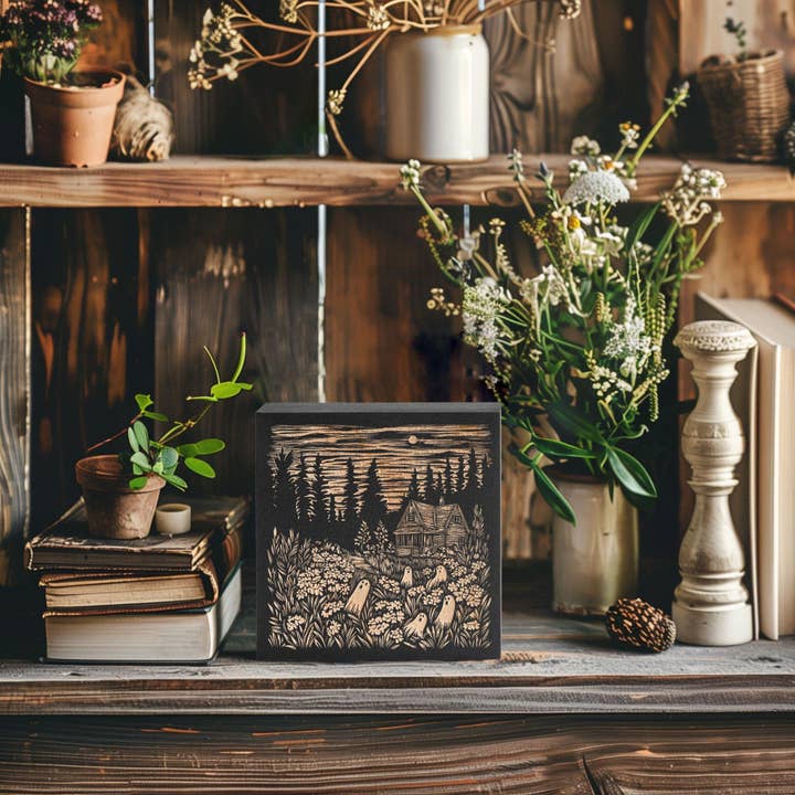 Spooky Ghost Cabin Engraved Illustration for wholesale by Benoit's Design Co.