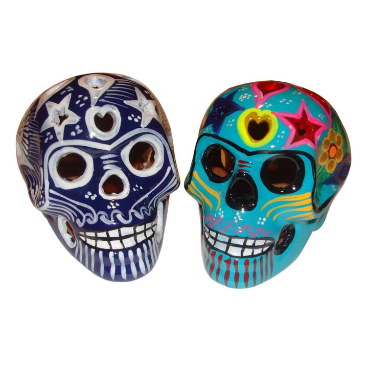 Sugar Skull Large Double Fired Ceramic 6" x 7" Mexico Folk A for wholesale by Sanyork Fair Trade