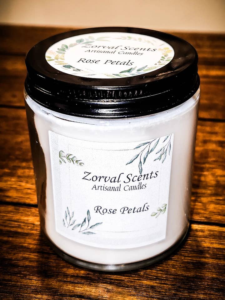 Pétales de rose, bougie à la cire de soja à la noix de coco, pot transparent, 8 oz pour la vente par Zorval Scents