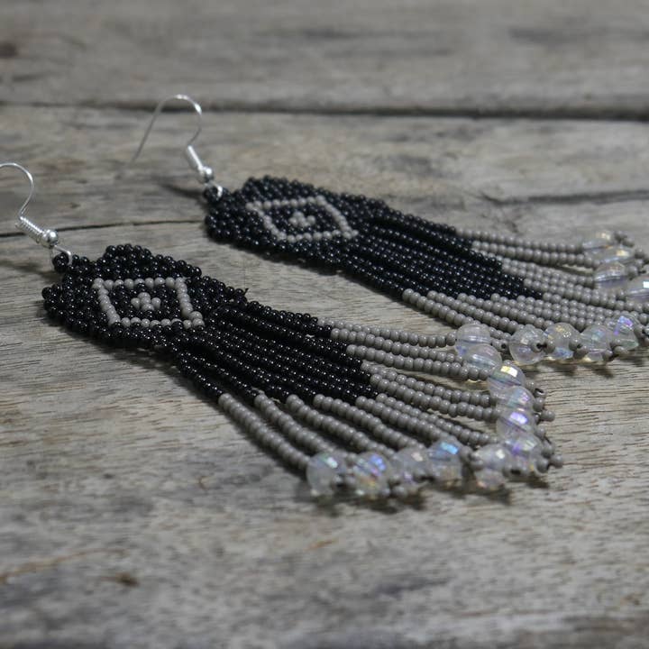 Black Grey Beaded Earrings Native American Style Handmade for wholesale by KANGURAH