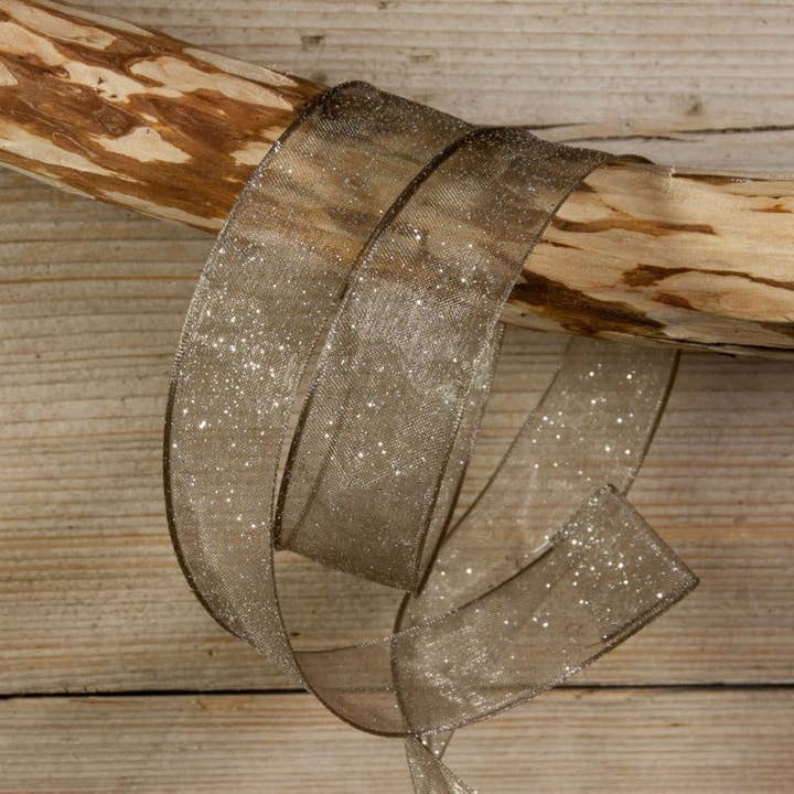 Nastro regalo in organza glitter taupe per la vendita all'ingrosso da parte di kadopapier.net