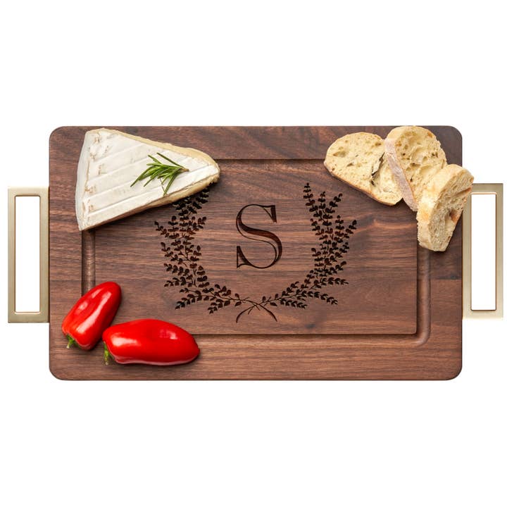 Maple Wood Walnut Cheeseboard | Gold Handles | 13 x 8" for wholesale by Sophistiplate