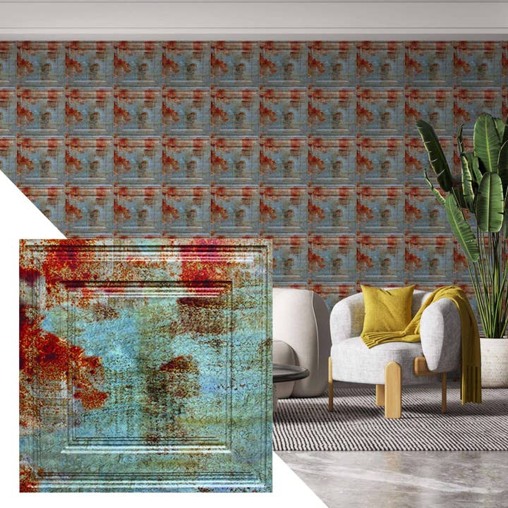 PVC Ceiling Tiles, 2 ft x 2 ft, Glue Up or Lay In, Wipe-clean, Waterproof - Rusty Traditional Old Tin Roof for wholesale by Dundee Deco