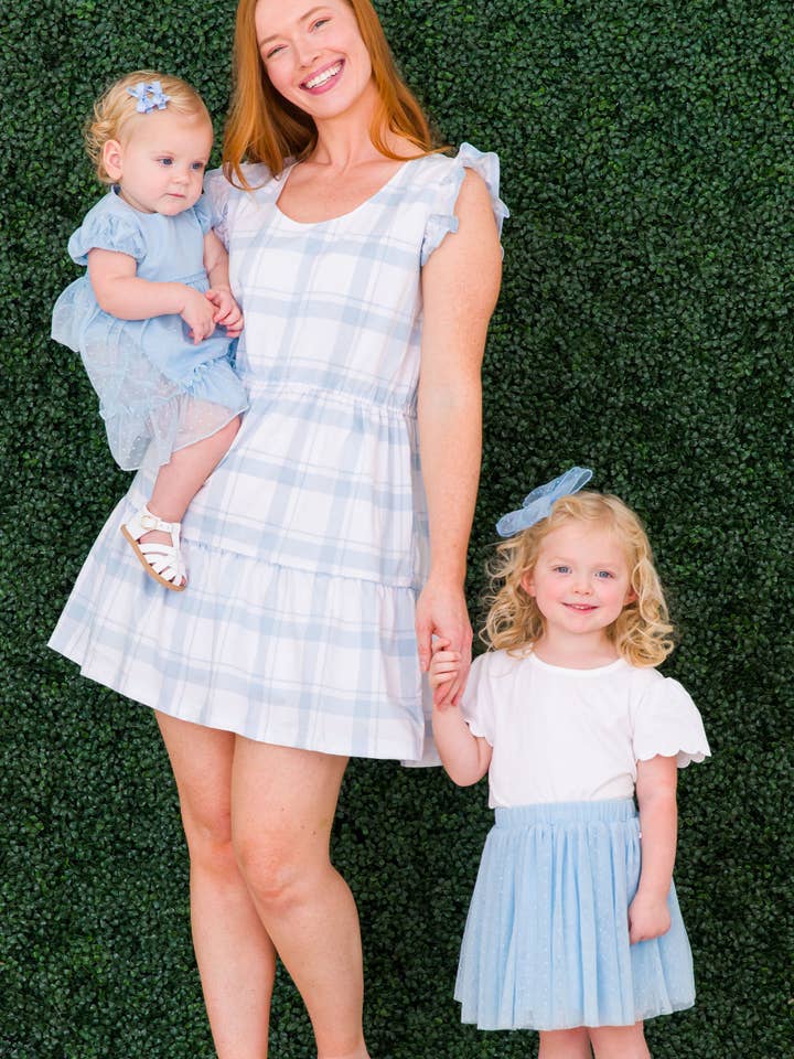 Baby Girls Light Blue Dotted Tulle Dress & RuffleButt Set for wholesale on Faire