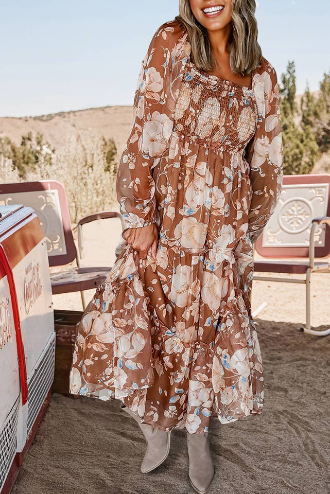 Brown Fashion-W Boho Floral Shirred High Waist Maxi Dress for wholesale on Faire