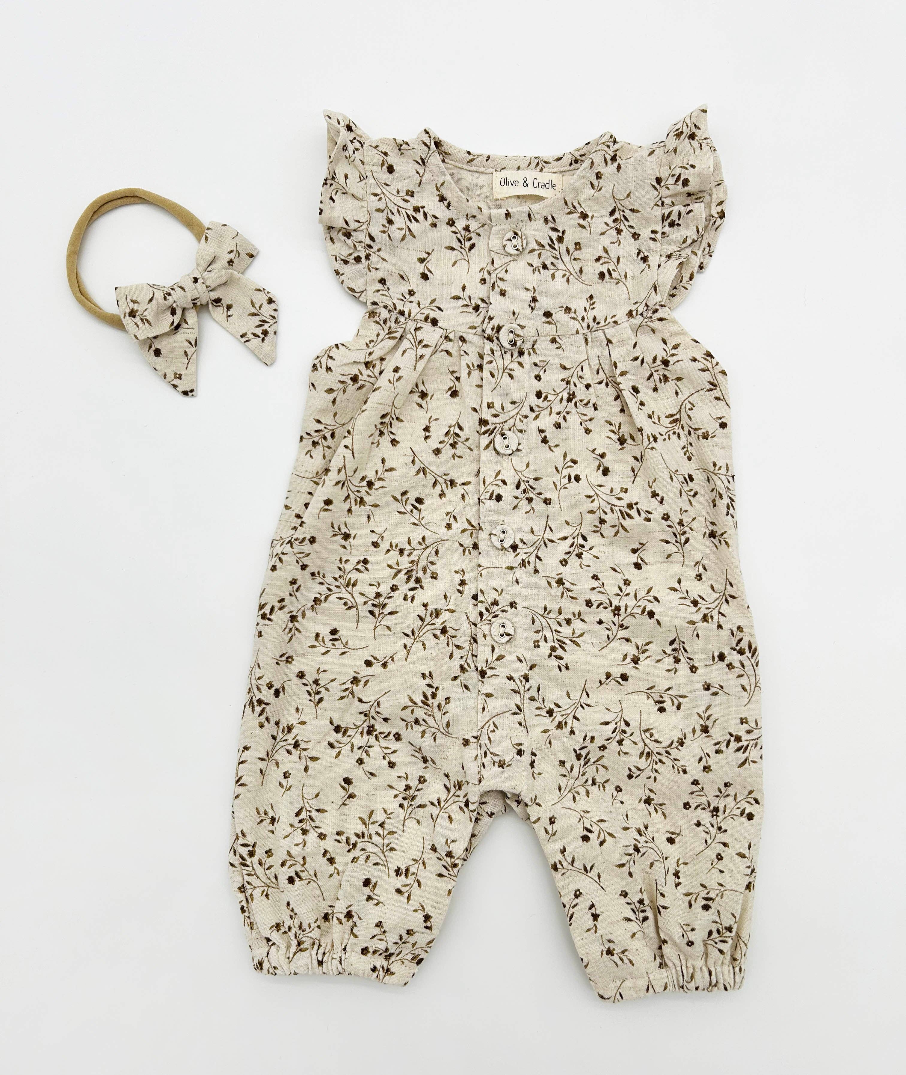OLIVE & CRADLE - Wholesale Jumpsuit - Baby - Wheat Floral Jennifer + Bow